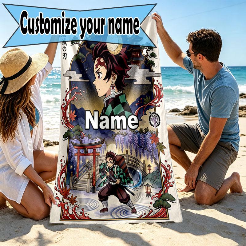 Custom Name Personalized Demon Slayer Anime Print Beach Towel, for Trip Camping Beach Party Home Decor, Birthday Gift for Family & Friends