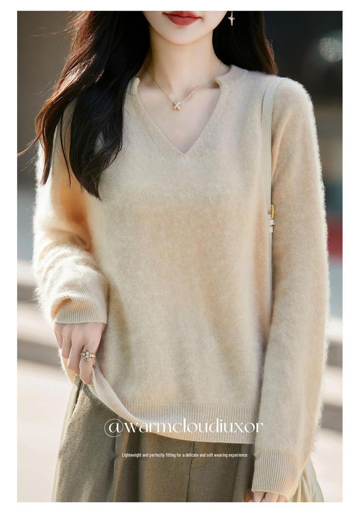 Autumn/Winter 2026 Cashmere Wool V-Neck Knitwear: Long Sleeve Solid Color Soft Sweater Top