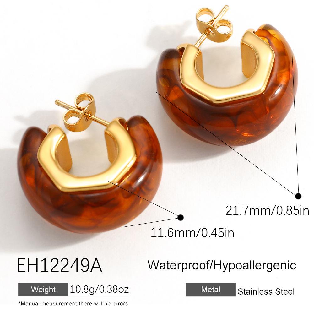 18K Gold-Plated Retro Resin C-Shaped Waterproof Earrings 18K Gold Plated