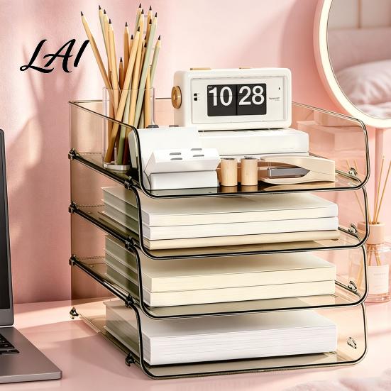 Stationery Storage Tray Clear Acrylic File Organizer Tray 1/2/3/4/5 Tier Paper Ducument Stackable Desktop Box Office Supplies Desk Rack Small