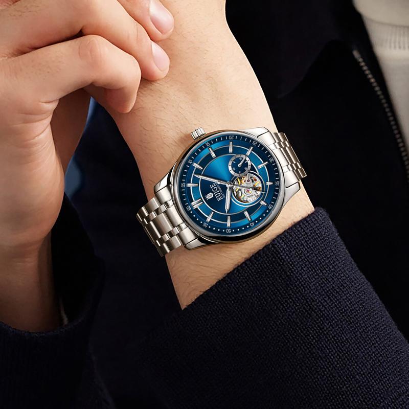 Relógios Mecânicos Clássicos Marca de Luxo Relógio Automático Business para Homens Bisel Rotativo Mostrador Luminoso Pulseira de Aço Relógio