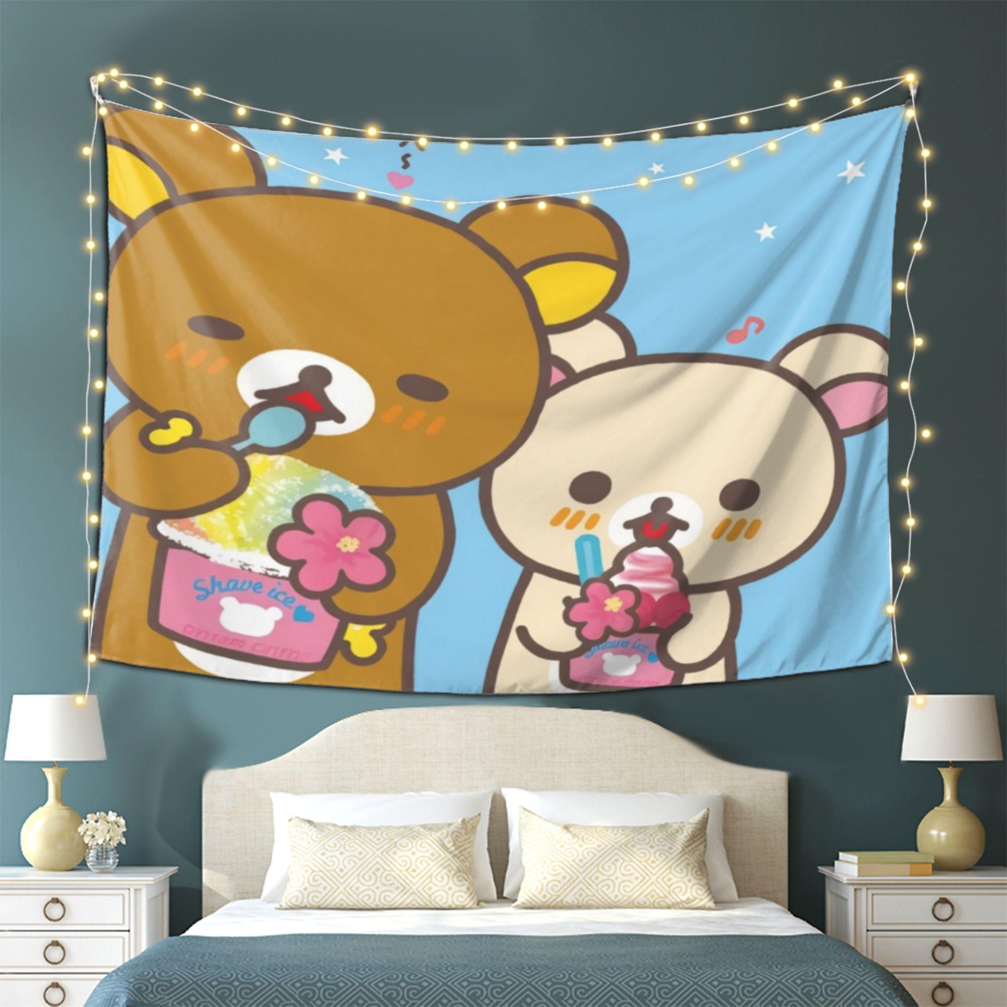 R-Rilakkuma Korilakkuma Tapestry Cute Bear Wall Hanging Aesthetic Room Decor Cool Room Stuff Background Cloth for Bedroom Dorm 100X70CM
