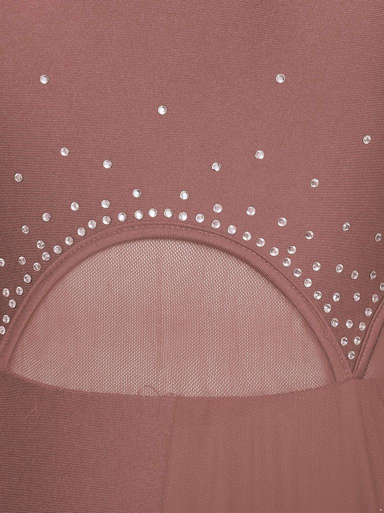 Dam Ärmlös Lyrisk Dansklänning med Nyckelhålsrygg Scenföreställningskostym Strass Delad Patchwork Dräkt