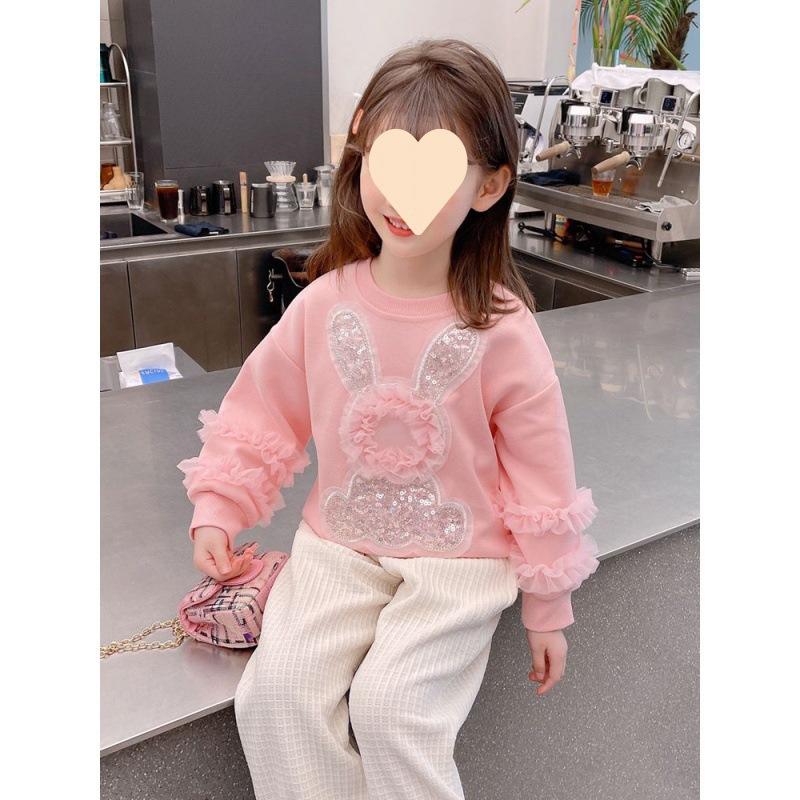 Mädchen Pinkes Fleecegefüttertes Sweatshirt Niedlicher Kaninchenaufdruck Langarm Pullover Top Für Frühling Herbst