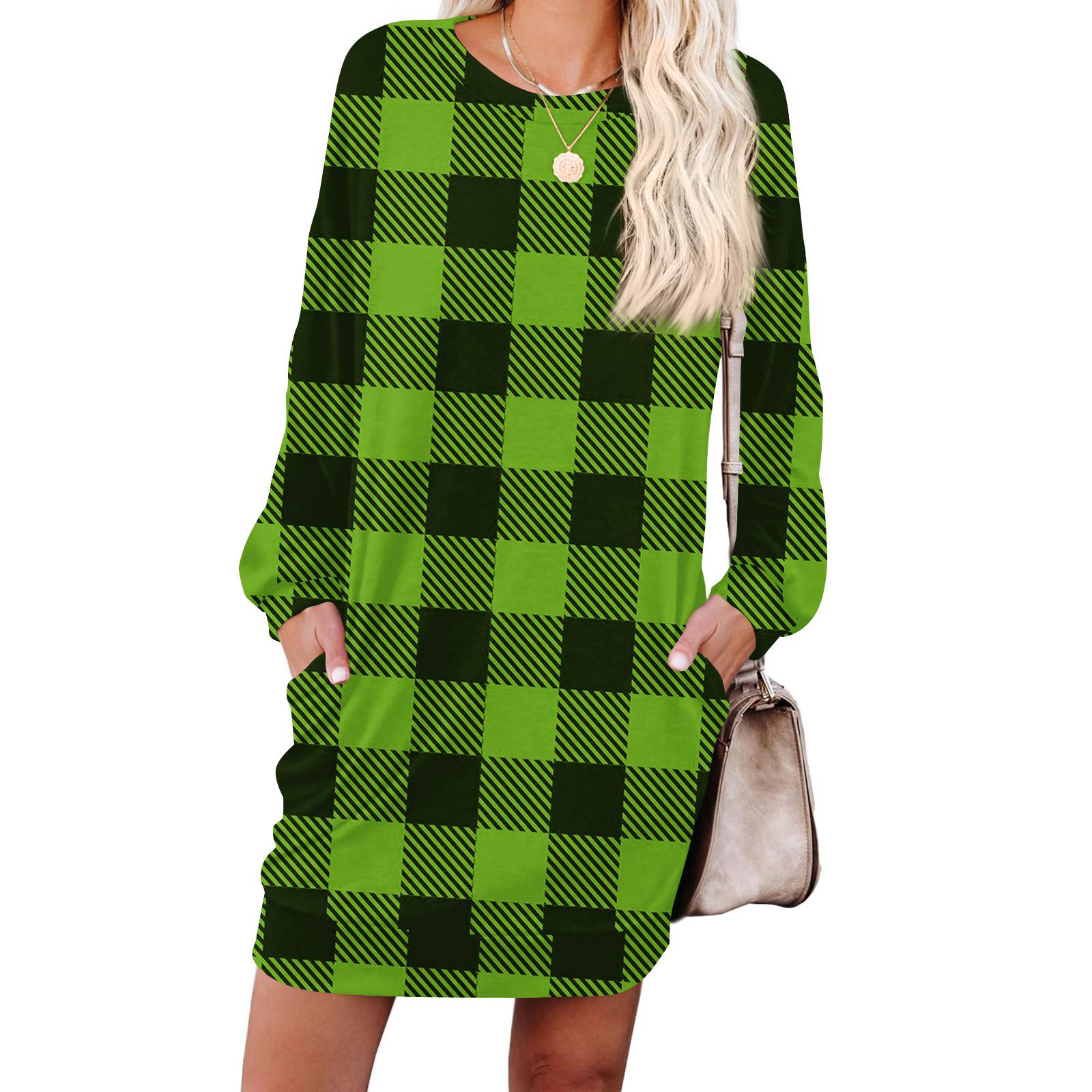 

Women s Checked Print Fashionable Long-sleeved Round-neck Pocket Dress L армия зеленый