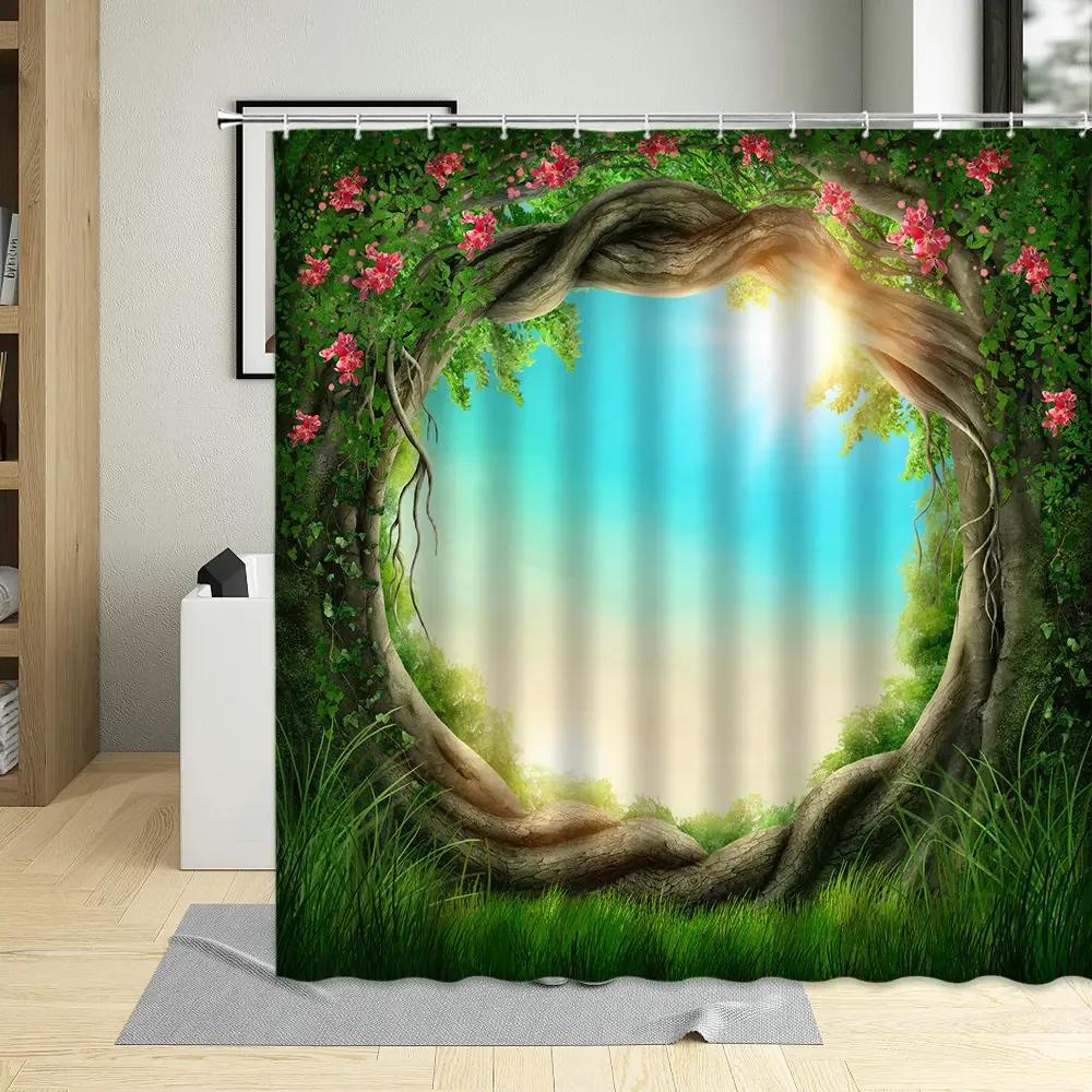 Fantasy Fairy Tale World Shower Curtain Vine Door Green Forest Mushroom Animal Bathroom Decor Polyester Bath Curtains With Hooks