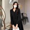 Women's V-Neck Long Sleeve Midi Dress Korean Style Solid Color A-Line Swing Dress Casual Elegant Button Down Dress For Spring Autumn