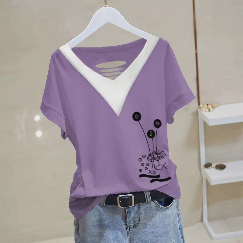Women's 2024 Summer Cotton V-neck Short-Sleeve Top - Versatile, Loose, Slimming, Plus Size, Chic Korean Style T-shirt