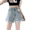 Women's High Waist Irregular Denim Shorts with Oblique Buckle