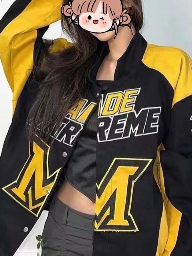 American Retro Racing Motorcycle Jacket: Unisex, Bold Color Block Design, Street Style, Loose Fit