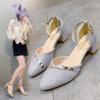 Pointed Thick Heel Single Shoes Women's Summer New Bag Head Square Heel Gold Women's Shoes One-word Buckle Strap High Heel Single Shoes Women