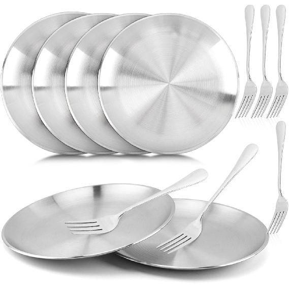 8 Pack Stainless Steel Plates, 8 Inches Metal Dinner Plate with Forks, Round Serving Camping Plates for Serving Dishes Dessert Salad, Unbreakable &