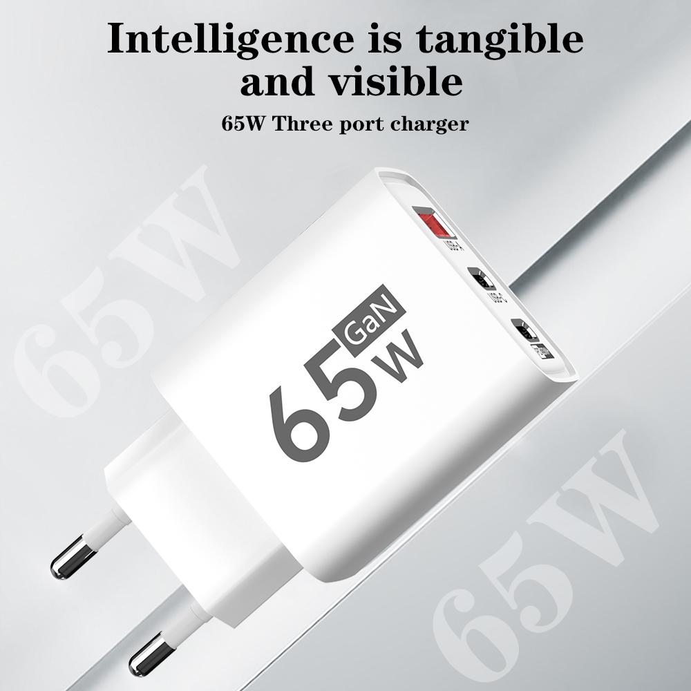 65W 3 Ports GaN USB Charger Type C Fast Charging Phone Charger For iPhone 15 16 Samsung Xiaomi Huawei EU/US Plug Wall Adapter