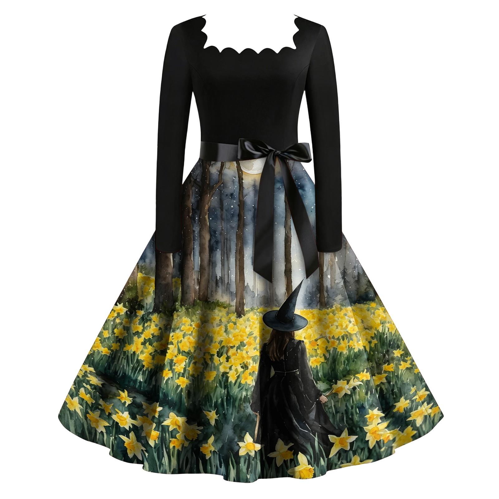 Women s Vintage Long Sleeve Square Neck Witch Print Dress for Halloween Party M