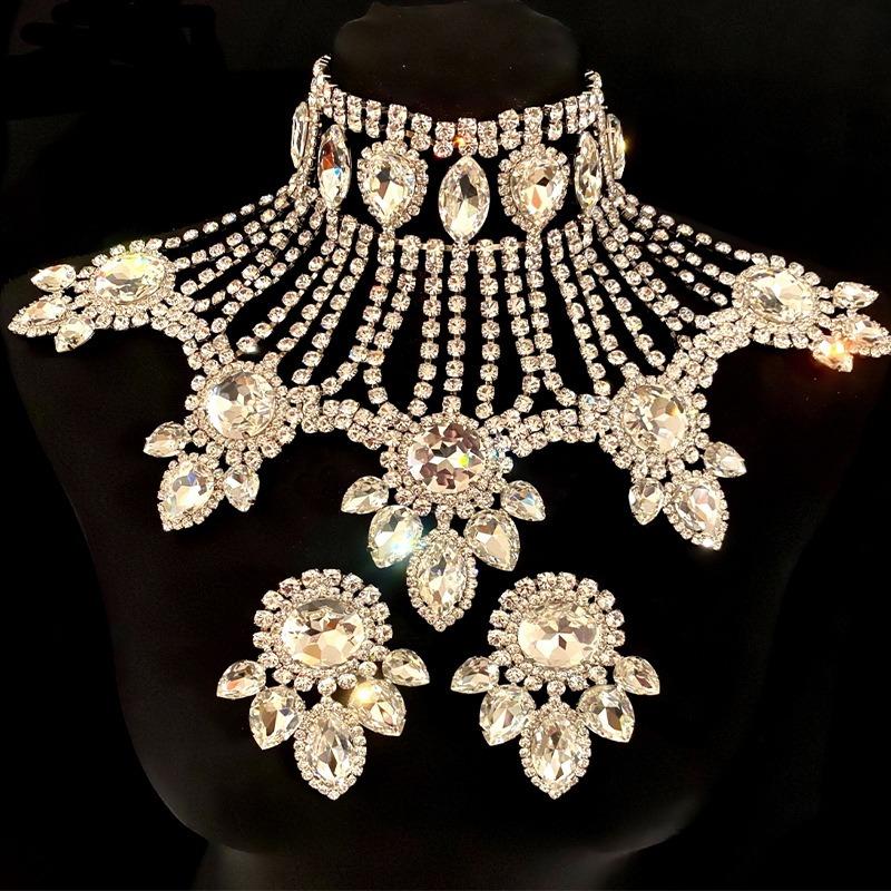 Exaggerated Rhinestone Necklace Set, Personalized Luxury Multi-layer Water Drop Necklace Shiny Earrings Jewelry Set