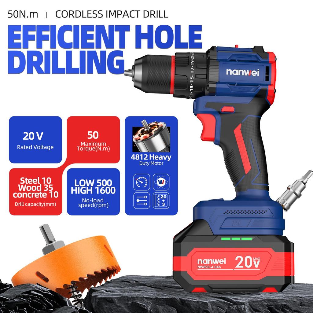NANWEI 50 Nm 20V Electric Screwdriver with Impact Function, Brushless Motor