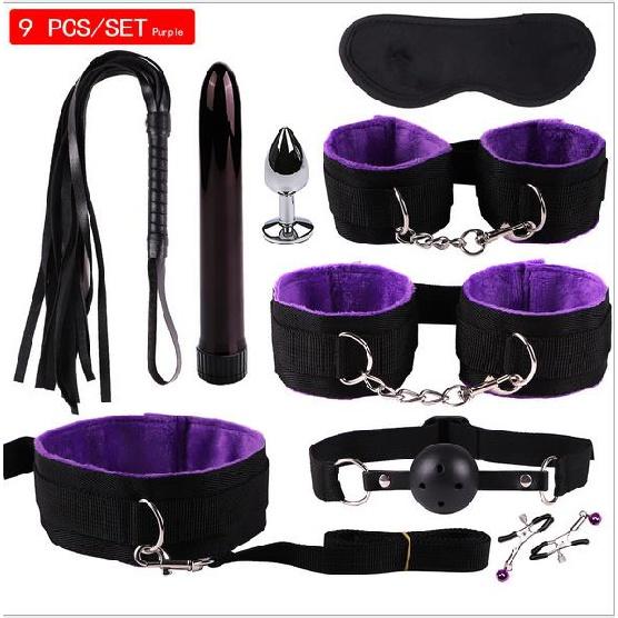 Sexy Nylon BDSM Kits Plush Sex Bondage Set Handcuffs Sex Games Whip Gag Nipple Clamps Sex Toys For Couples Exotic