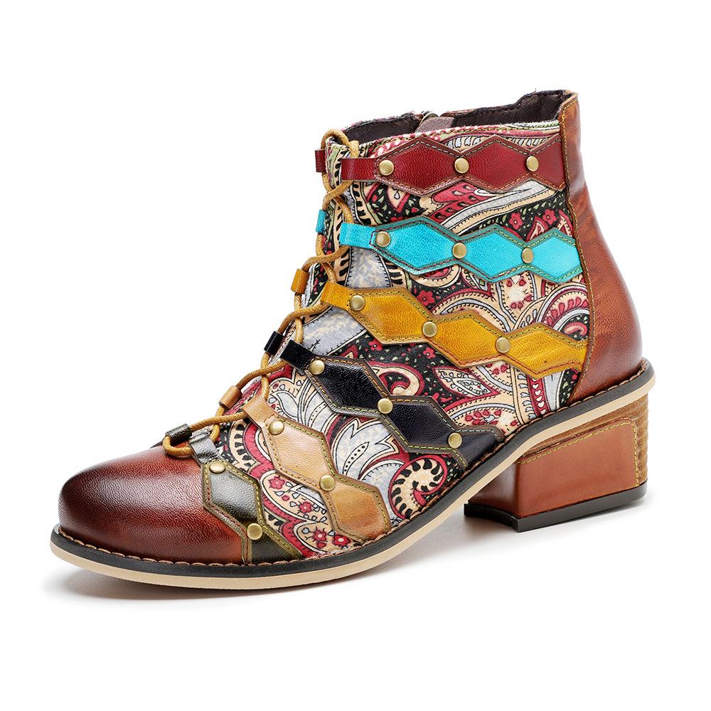 

Johnature Короткие сапоги из натуральной кожи с ручным принтом в стиле ретро в стиле пэчворк, модные туфли на среднем каблуке с заклепками 38 красно-коричневый