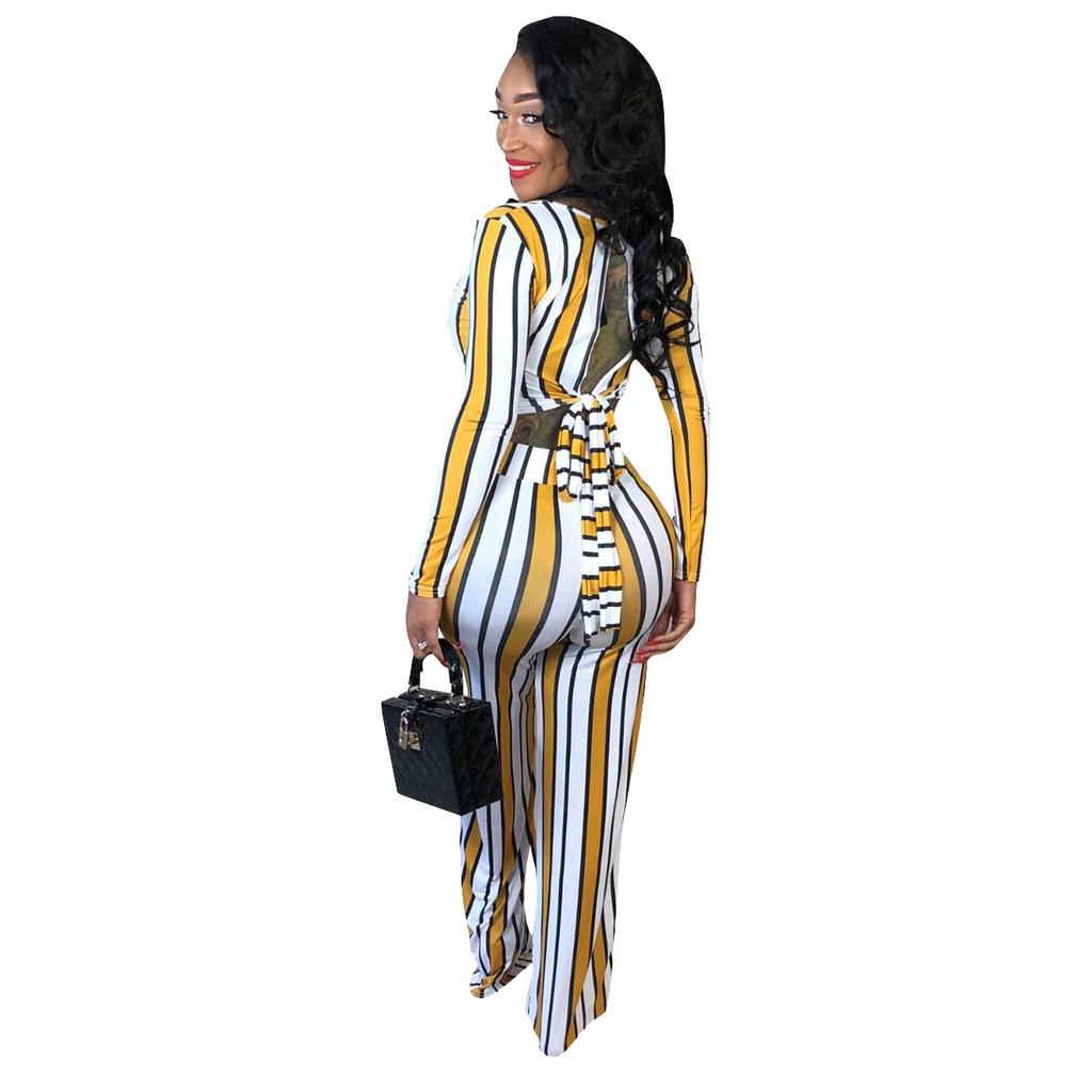 D9116 Women's Clothing Hot-selling European and American Women's Clothing, Long-sleeved Striped Printed Back Strap Set