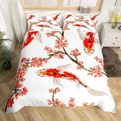 Koi Fisch Bettbezug Set Karpfen Batik Bettwäsche Sets Traditionelle Chinesische Tuschekunst Tagesdecke Lotusblatt Natur Quiltbezug Doppelgröße