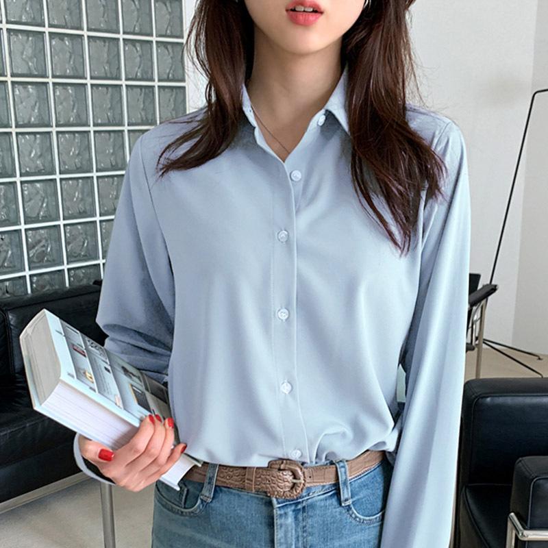 Retro Minimalist Solid Color Long Sleeved Shirt for Women In Spring Autumn Professional Polo Collar Loose Versatile Shirt Blouses & Shirts