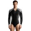 Sparkly Metallic Patchwork V Neck Bodysuit for Men Mesh Long Sleeve Rhinestone Leotard for Latin Ballet Figure Skating Gymnastics Training