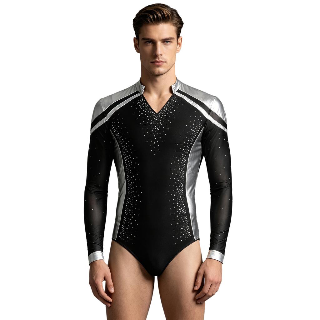 Sparkly Metallic Patchwork V Neck Bodysuit for Men Mesh Long Sleeve Rhinestone Leotard for Latin Ballet Figure Skating Gymnastics Training