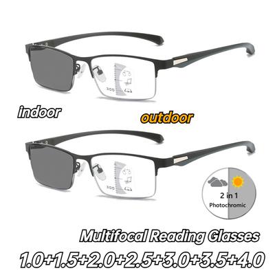 Men's Classic Half Frame Photochromic Presbyopia Glasses High Definition Multifocal Reading Glasses Anti-Blue Light Glasses