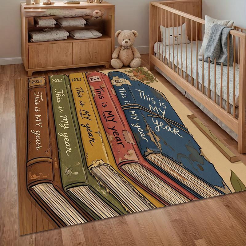 Area Rug Carpet Non Slip Retro Bookshelf Coffee Cup Floor Mat for Nursery Bedroom Living Room Kids Room Home Decor Dorm Gift