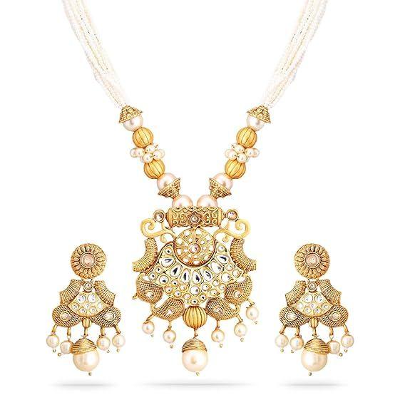 Gold-Plated Handcrafted Artificial Traditional Jewelry Set-Ruby/Kundan Stones & Pearl Beaded Multistrand with Matching Earrings For Women and Girls