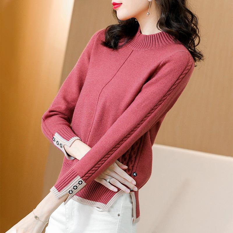 Half High Neck Sweater Split Hem Design Women's Knitted Pullover Casual Solid Color Sweater Harajuku Commuting Autumn and Winter
