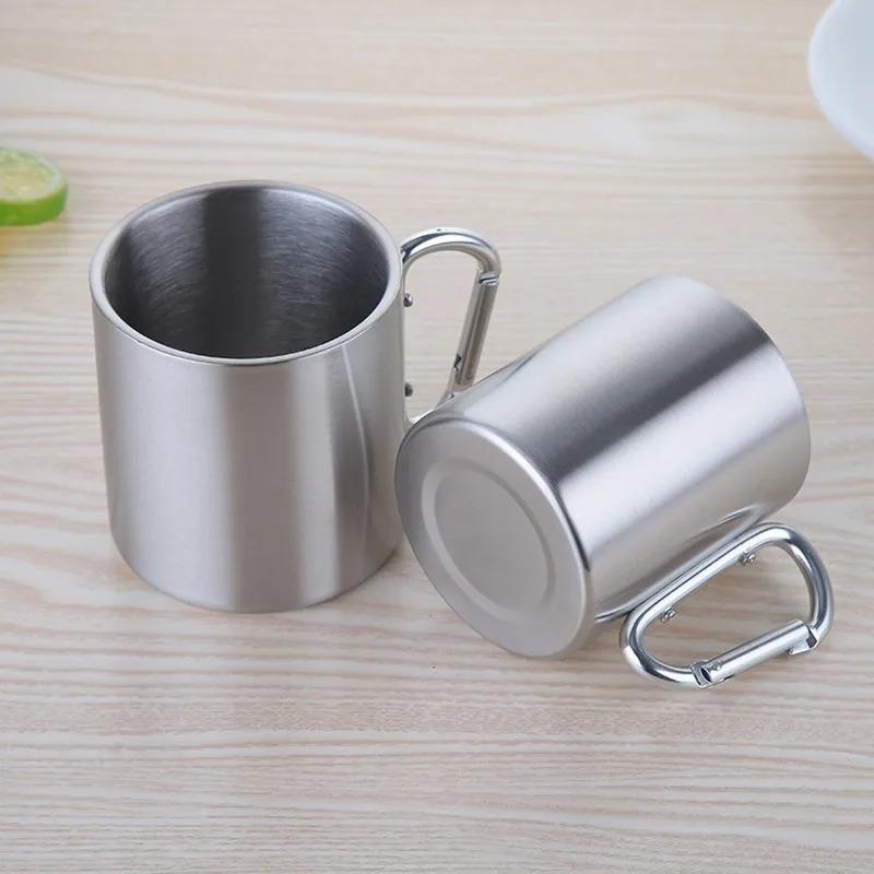 220/300ml Camping Travel Stainless Steel Cup Carabiner Hook Handle Picnic Water Mug Outdoor Travel Hike Cup Portable Mug