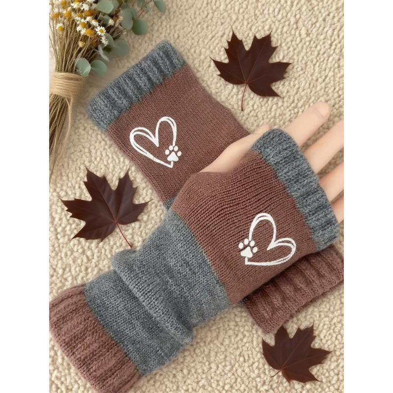 Gants en tricot sans doigts avec broderie de chat et patchwork, Gants décontractés ouverts aux doigts tendance pour femme, Mitaines chaudes d'hiver sans doigts