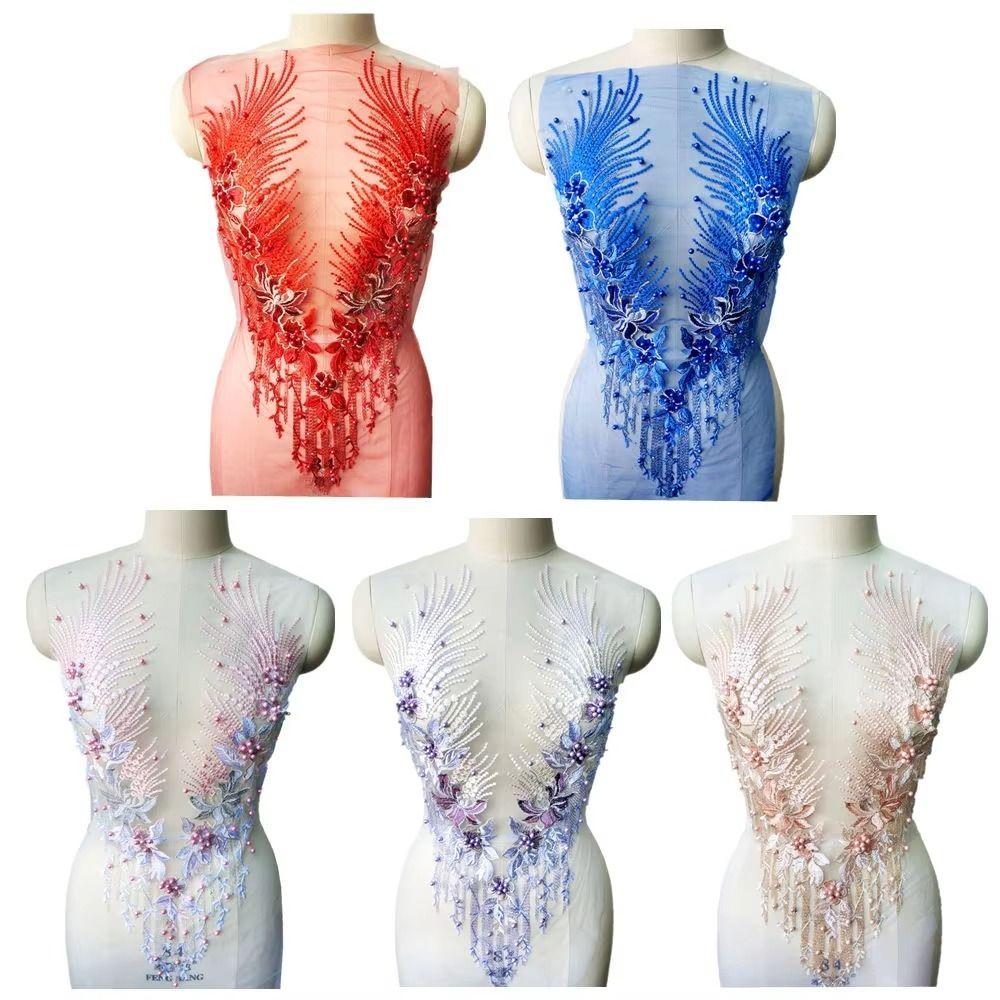 Fabric Flower Blue Red Lace Appliques Flower Tassel Beads Rhinestone Rhinestone Appliques Fabric Flower Appliques DIY Crafts