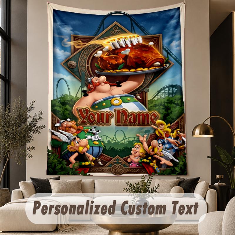 Custom Text Printed Tapestry Asterix & Obelix Pattern Large Wall Hanging Indoor Room Decor