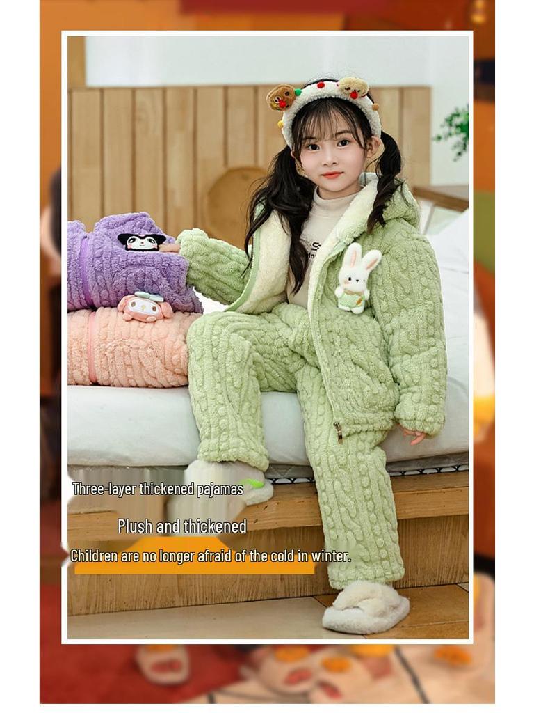 Girls' Cartoon Fleece-Lined Pajama Set - Warm Winter Wear for Babies & Kids