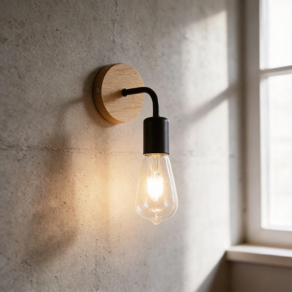 Modern Minimalist Iron Wall Lamp With Wooden Base For Bedroom Living Room Decor