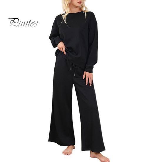 

2 шт./комплект женский топ брюки костюм O-образный вырез длинные рукава однотонный спортивный свитшот завязывающийся на резинке талия широкие брюки фитнес-наряд осень весна XXL чёрный