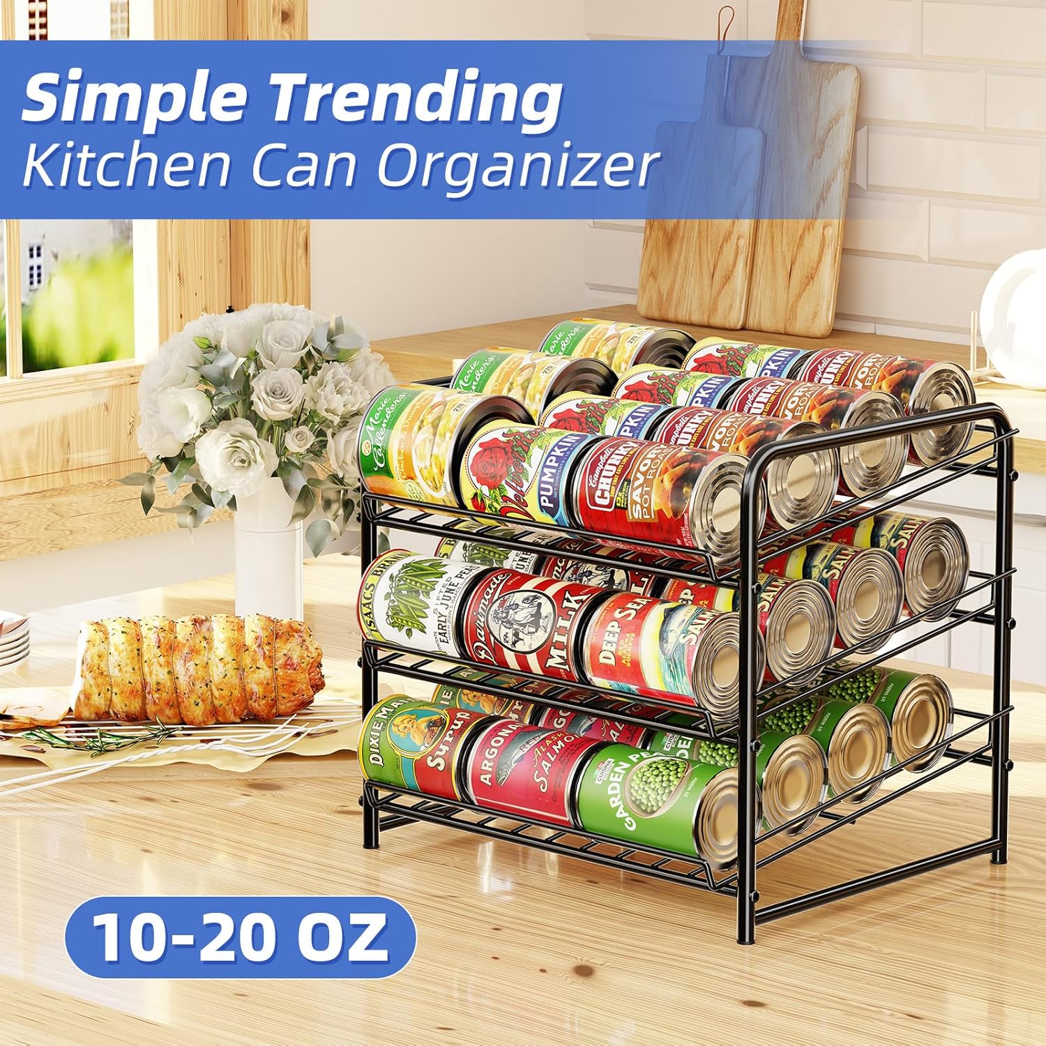 Simple Trending Can Rack Organizer, Stackable Can Storage Dispenser Holds up to 36 Cans for Kitchen Cabinet or Pantry, Black
