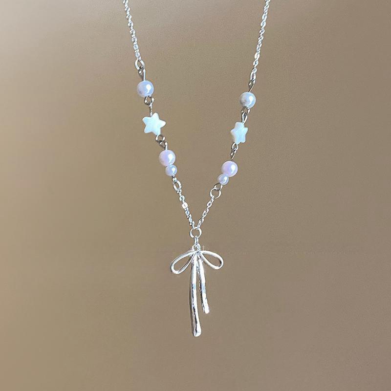 

Y2k Bowknot Pendant Necklace For Women Girl Sweet Korean Cute Pearl Star Necklace Aesthetic Zircon