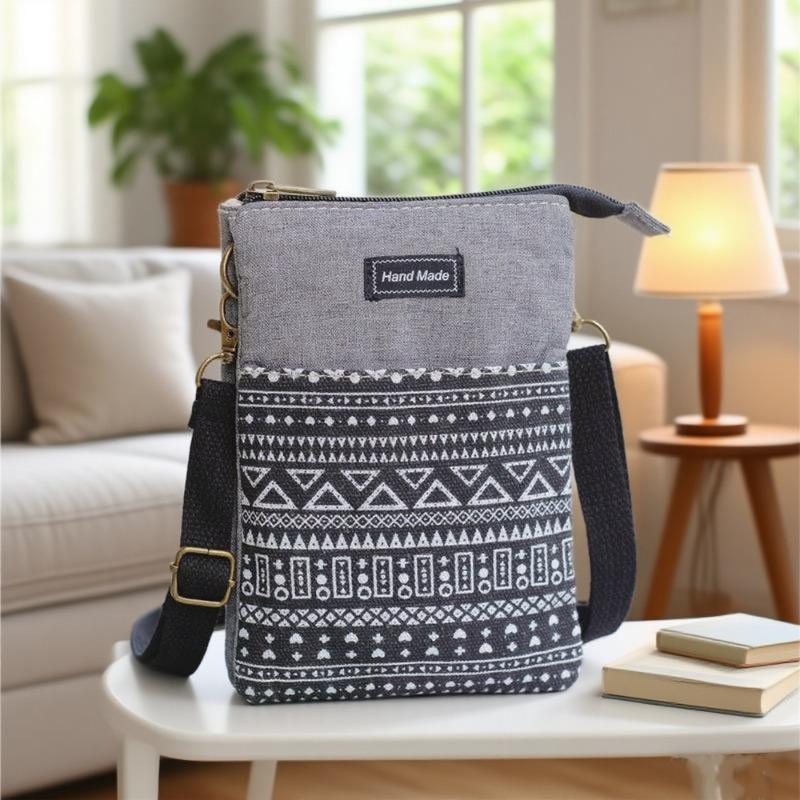 Boho Leinwand Handy Umhängetasche Ethnisches Stammesmuster Handytasche Verstellbarer Schultergurt Kleine Reise-Pass Tasche für Damen