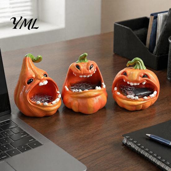 Holiday Desk Ornament Big Mouth Pumpkin Storage Box, Halloween Figurine Resin Jewelry Tray, Candy Holder Trinket Keys for Home Office Decor