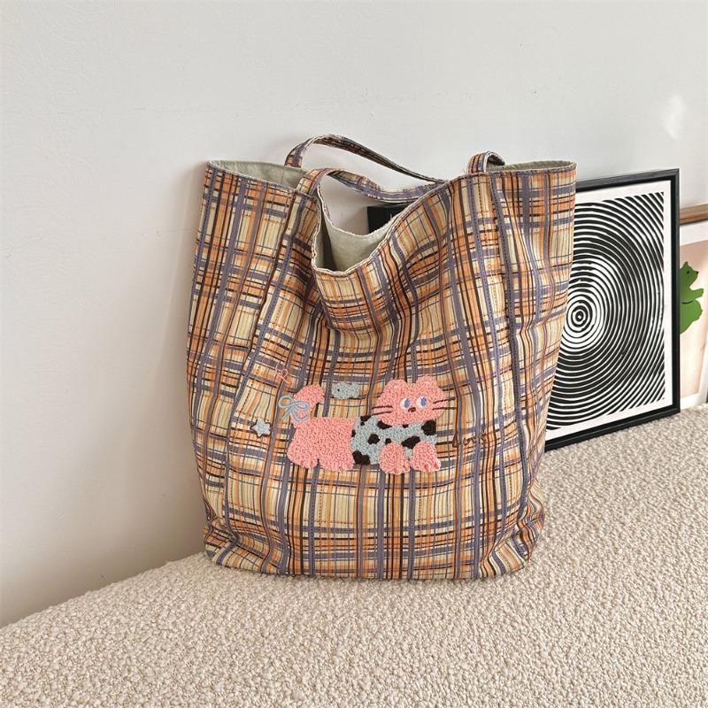 1 Wind Retro Karomuster Tragetasche Canvas Tasche Große Kapazität Studentenklasse Schultertasche