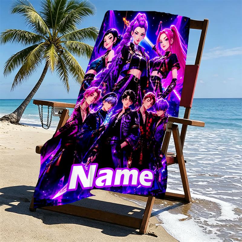 Custom Name Personalized KPop Demon Hunters Print Beach Towel, for Trip Camping Beach Party Home Decor, Birthday Gift for Family & Friends