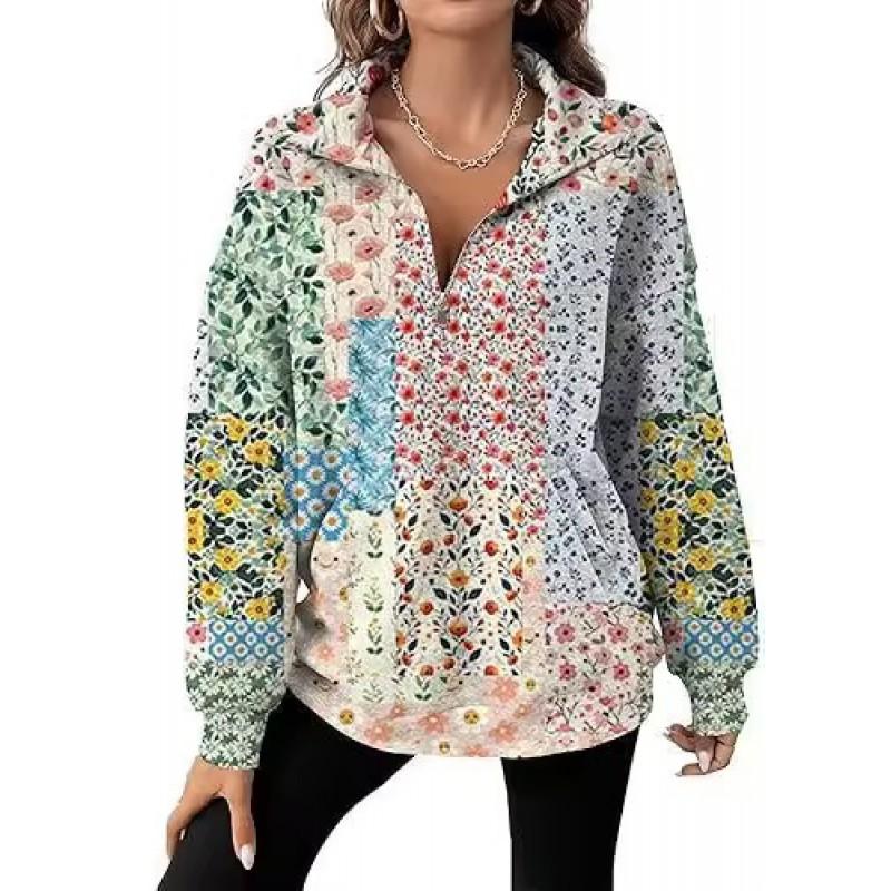 Womens Oversized Long Sleeve Pullover Top With Floral Print Half-Zip Collar Casual Cotton Sweatshirt