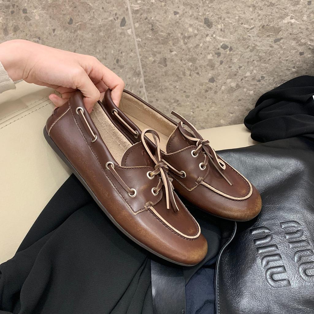 Verze z hovězí kůže~ Britský styl malé kožené boty dámské ploché mokasíny staré retro špinavé boty jednopřezkové kožené jednoboty