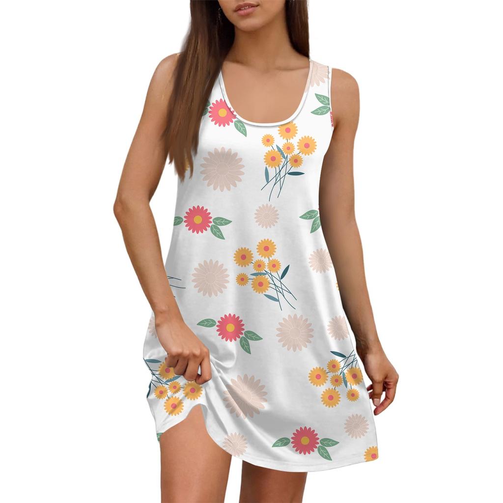 Women's Summer Casual Square Neck Floral Print Dress Sleeveless Dress With Pockets