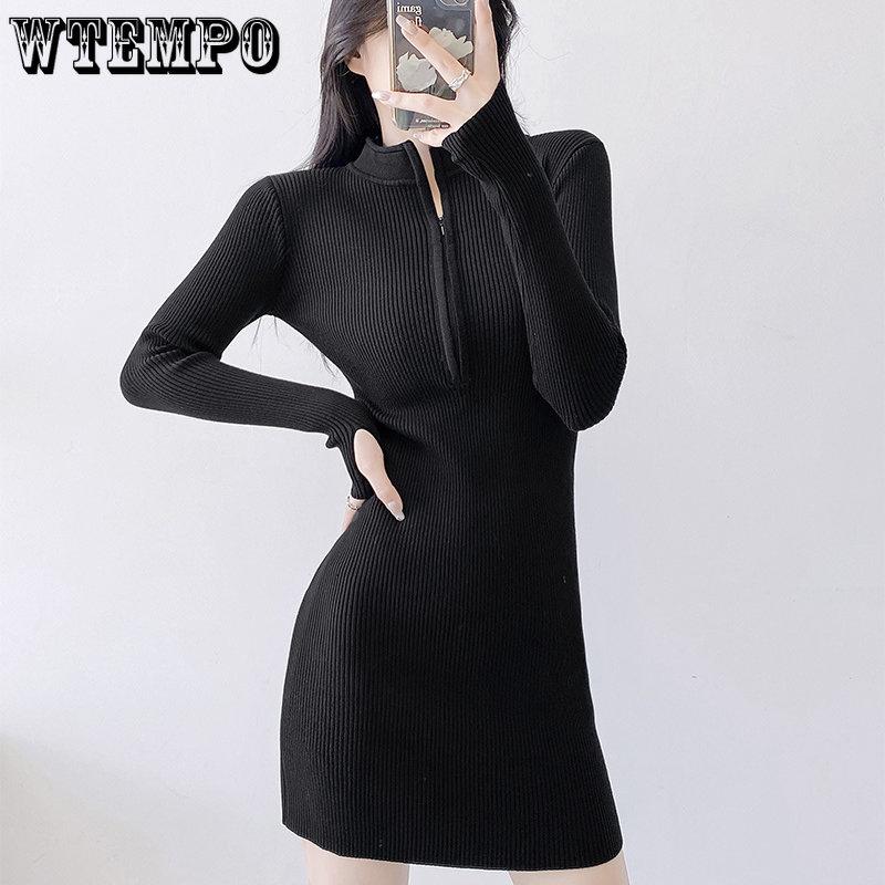 Semi-high-necked Spicy Girls' Zipper Wrapped Hip Short Dress Spring and Autumn Women's Dress Knitted Small Black Skirt Tight Dress