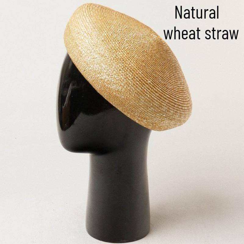 My Extreme Outdoor Activities Women's Natural Wheat Straw Hand-Woven Berets For Retro High-Quality Detailed Catwalk Concave Shape Simple Straw Woven Painter Hat 55-58Cm