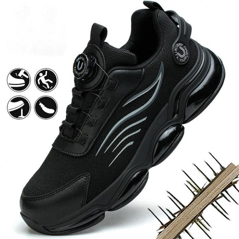 Fashion Rotating Button Safety Shoes For Men Steel Toe Work Shoes Man Protective Work Sneakers Non-slip Breathable Black Work Boots